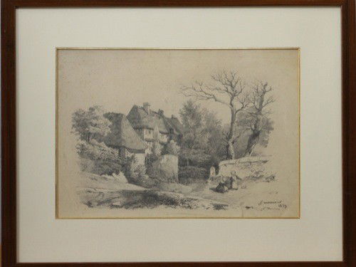 VAN MOER (BRUXELLES, 1819-IXELLES, 1884) Jean-Bapt: Jean-Baptiste VAN MOER (BRUXELLES, 1819-IXELLES, 1884). - Grande demeure dans un bois, 2 enfants à l'avant-plan. Dessin en noir, placé sous passe-partout et cadre vitré. Nom de l'artiste et date,