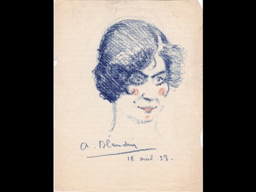 [Hovine] BLANDIN, André - [Jeanne Hovine].: [Hovine] BLANDIN, André - [Jeanne Hovine]. Dessin au crayon gras bleu, quelques rehauts de rouge sur les pommettes et les lèvres, sur feuille de papier quadrillé in-4. Sign&e