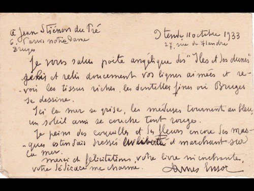 ENSOR, James - Carte autographe signée &ag: ENSOR, James - Carte autographe signée à Jean Stiénon du Pré. Ostende, 11 octobre 1933. sous enveloppe oblitérée. «Je vous salue poète ang&ea