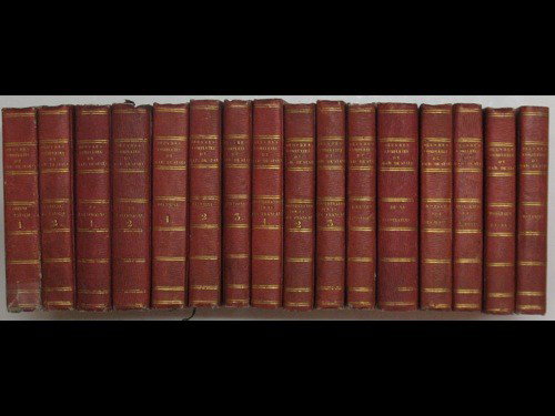 Germaine de STAËL-HOLSTEIN - Oeuvres complètes. I : Germaine de STAËL-HOLSTEIN - Oeuvres complètes. I - [XVII]. Bruxelles, Auguste Wahlen, 1820-1821. 17 volumes in-12, cartonnage plein papier rouge, dos lisse, titre doré au dos (coiffes émoussées,