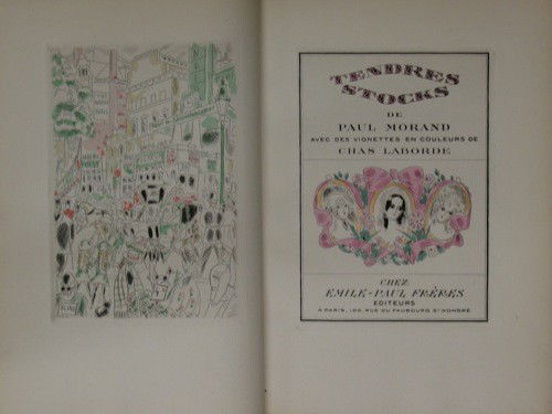 Paul MORAND - Tendres Stocks. Avec des vignettes e: Paul MORAND - Tendres Stocks. Avec des vignettes en couleurs de CHAS LABORDE. Paris, Émile-Paul Frères, (1924). In-8, demi-maroquin bleu nuit, dos à quatre nerfs, bande de maroquin noir en bordure