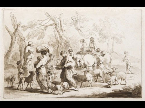 Francesco BARTOLOZZI D'APRèS BENEDETTO CASTIGLIONE - Ja: Francesco BARTOLOZZI D'APRèS BENEDETTO CASTIGLIONE - Jacob retournant chez lui. Gravure à l'encre brune. 275 x 420 mm au TC. Nom des artistes en bas à gauche et à droite dans la marge. Légères r