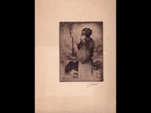 Kurt PEISER (ANVERS, 1887 - UCCLE, 1962) - [Femme de pr: Kurt PEISER (ANVERS, 1887 - UCCLE, 1962) - [Femme de profil tenant un enfant dans ses bras, maisons et grande cheminée à l'arrière-plan]. Eau-forte. 159 x 115 mm au TC. Nom de l'artiste en bas à g