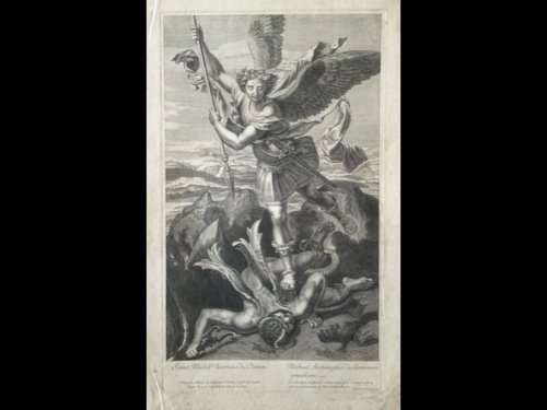 Gilles ROUSSELET (1610-1696) d'après RAPHAËL (1483-1520: Gilles ROUSSELET (1610-1696) d'après RAPHAËL (1483-1520) - Sainct Michel Victorieux du démon. 432 x 253 mm. Nom du graveur en bas à droite: Egid. Rousselet sculps. État de conservation: épreuve