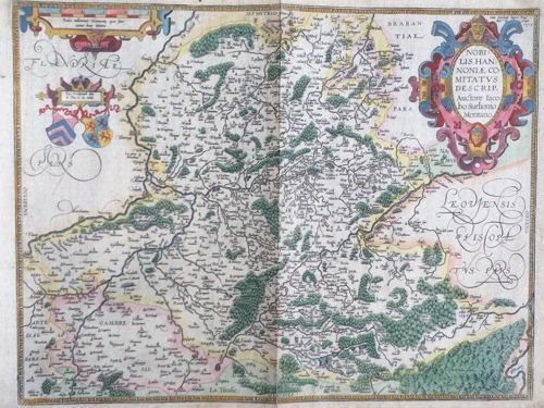 Jacques de SURHON - Nobilis Hannoniae comitatus descrip: Jacques de SURHON - Nobilis Hannoniae comitatus descrip[tio] auctore Iacobo Surhonio Montano. [Antwerpen, s. n., 1579-]. Carte en couleur. 2 cartouches, de part et d'autre. 372 x 491 mm au TC. Belle c