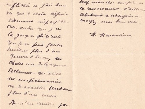 Maurice MAETERLINCK - Lettre manuscrite signÃ©e.: Maurice MAETERLINCK - Lettre manuscrite signÃ©e. S.l.n.d. Feuillet double (18 x 11,5 cm), en feuille. Lettre autographe signÃ©e â€œM. Maeterlinckâ€, adressÃ©e Ã un confrÃ¨re non iden