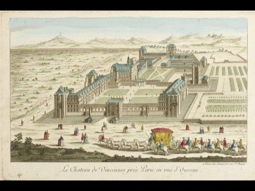 [Vue d'optique - France] Le Chateau de Vincennes prÃ©s: [Vue d'optique - France] Le Chateau de Vincennes prÃ©s Paris, en vue d'Oyseau. Paris, Daumont, s. d. [XVIIIe siÃ¨cle]. Eau-forte en couleurs. 300 x 455 mm au TC. Titre au milieu en bas dans la mar