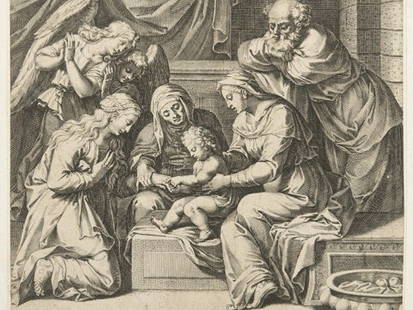 Pieter de JODE I D'APRÈS LE TITIEN - Le Mariage Mystiqu: Pieter de JODE I D'APRÈS LE TITIEN - Le Mariage Mystique de sainte Catherine. Estampe. 145 x 173 mm. Nom des artistes, en bas de gauche à droite: «Titianus invent. Petr. de Iode fecit.» Fixée sur