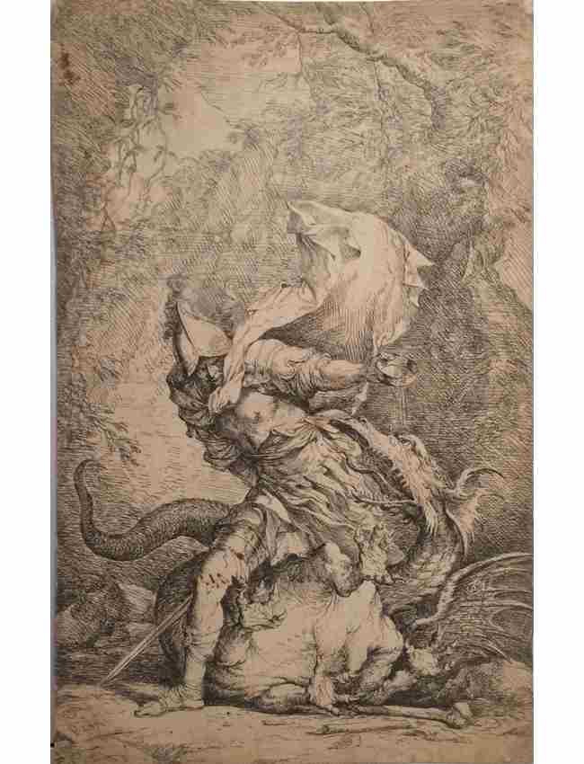 Salvator ROSA (Arenella, 1615 - Rome, 1673) - Jason et: Salvator ROSA (Arenella, 1615 - Rome, 1673) - Jason et le dragon. Belle eau-forte représentant Jason jetant sur les yeux du dragon le baume magique donné par Médée pour récupérer la toison d’o