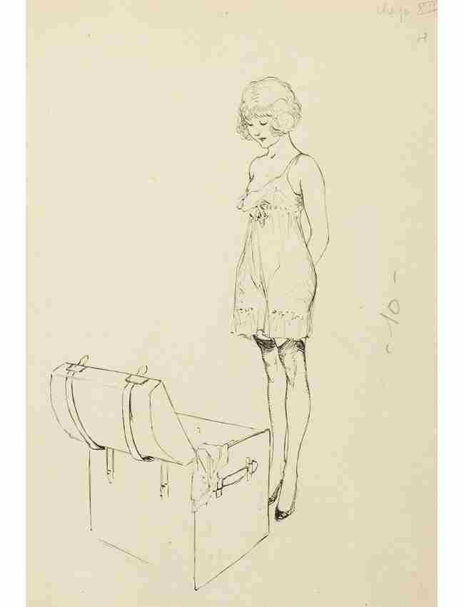 Georges LÉONNEC (1881, Brest - 1940) - [Illustration po: Georges LÉONNEC (1881, Brest - 1940) - [Illustration pour «Maud et les trois jeunes gens, roman libertin d'Albert-Jean]. Dessin non signé à la plume et à l'encre de Chine. Dimensions approximativ