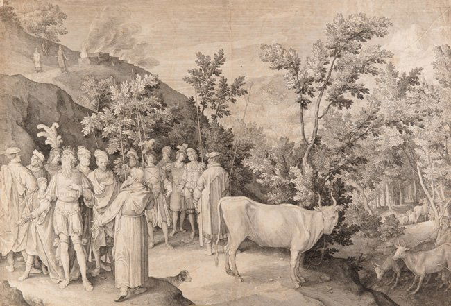 Nicolaes DE BRUYN (ANVERS, 1571 - ROTTERDAM, 1652) - Bi: Nicolaes DE BRUYN (ANVERS, 1571 - ROTTERDAM, 1652) - Bileam rencontre le Roi Balak. 1617. Gravure. 475 x 693 mm. Date en bas au dessus du nom de l'artiste: Nicolas de Br. Inventor. FixÃ©e aux angles