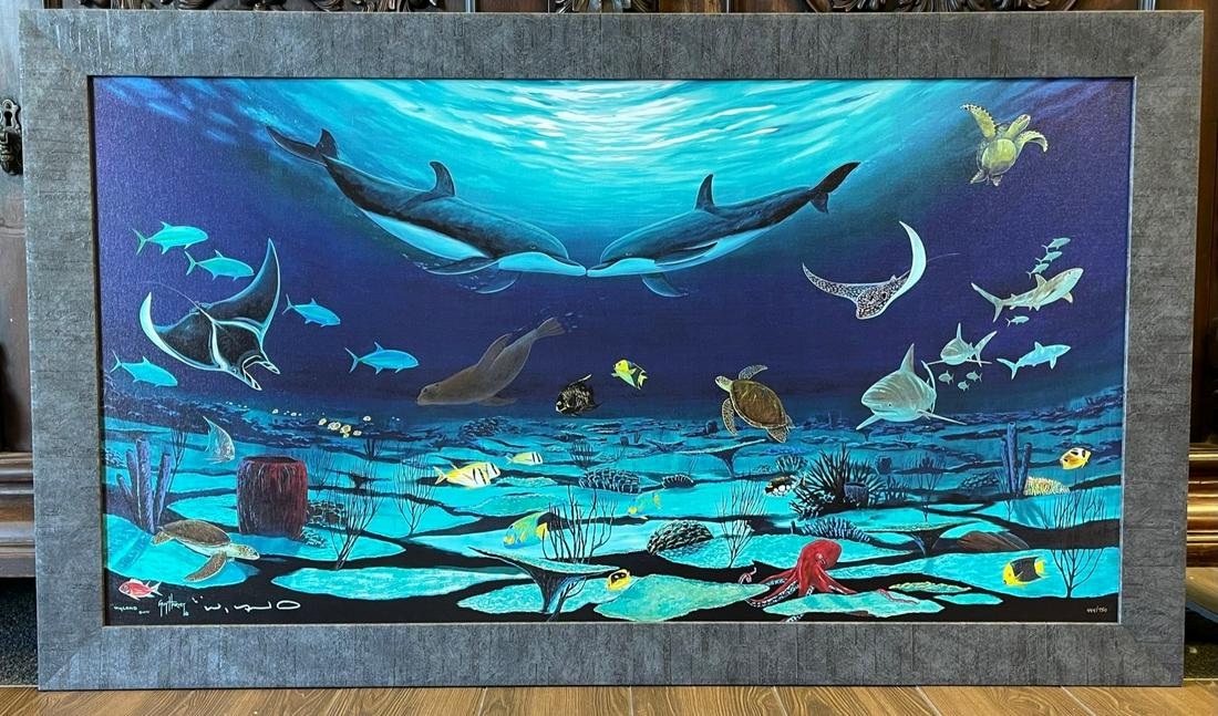 Guy Harvey and Wyland! "Loving Sea" Limited Edition Giclee on Canvas - FRAMED: Journey into a world of lifelike imagery and captivating color with this breathtaking collaboration between artists Guy Harvey and Wyland! "Loving Sea" is a limited edition giclee on canvas. Numbered 