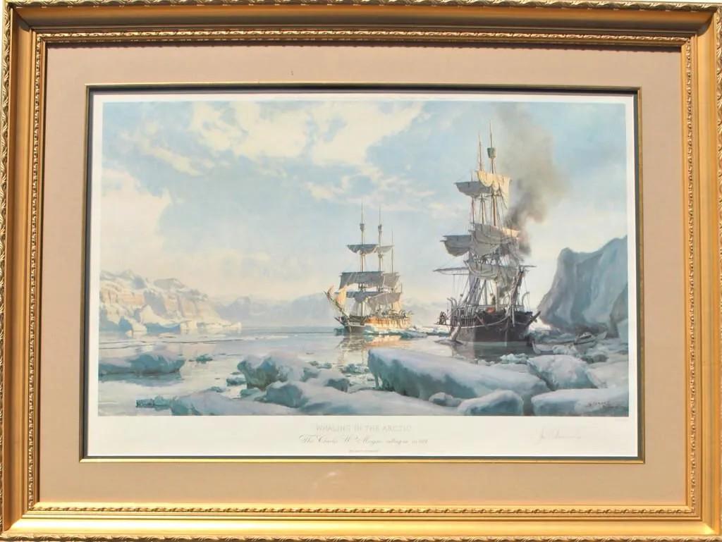 John Stobart, "Whaling in the Arctic": John Stobart, "Whaling in the Arctic". Signed and numbered 136/850 in pencil by artist. Stobart traveled by passenger-cargo vessel to his father's home in south Africa. This voyage sparked his interes