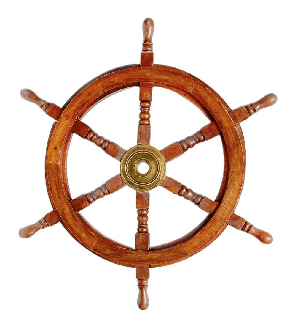 Nautical Ships Wheel - Wood & Brass: 23 1/2" wide X 2" deep X 23 1/2" high.