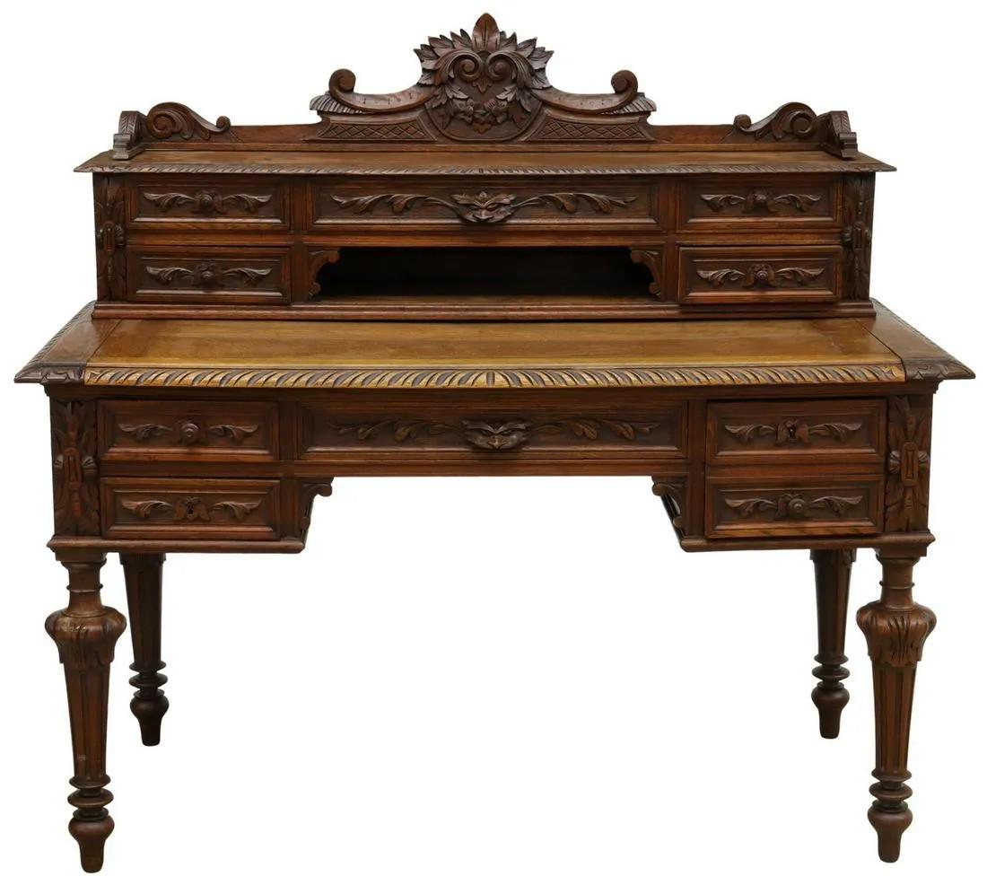 FRENCH HENRI II STYLE CARVED OAK WRITING DESK (1 of 6)