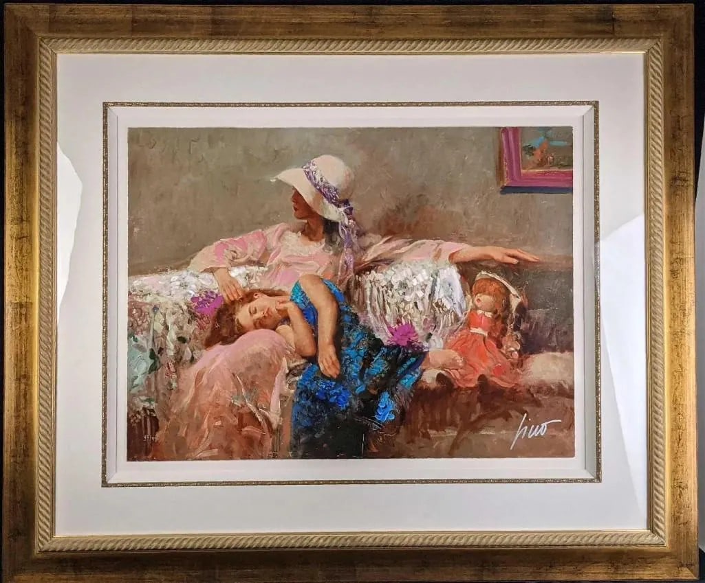 Pino Daeni (1931-2010), "Restful Afternoon" Artist Embellished Limited Edition - Framed: Limited edition print of Pino Daeni's "Restful Afternoon". This one is #47 out of #95. The framed print is approximately 49" x 3" x 41 1/2" and weighs 31lbs. The print is approx 30" x 25". The artist