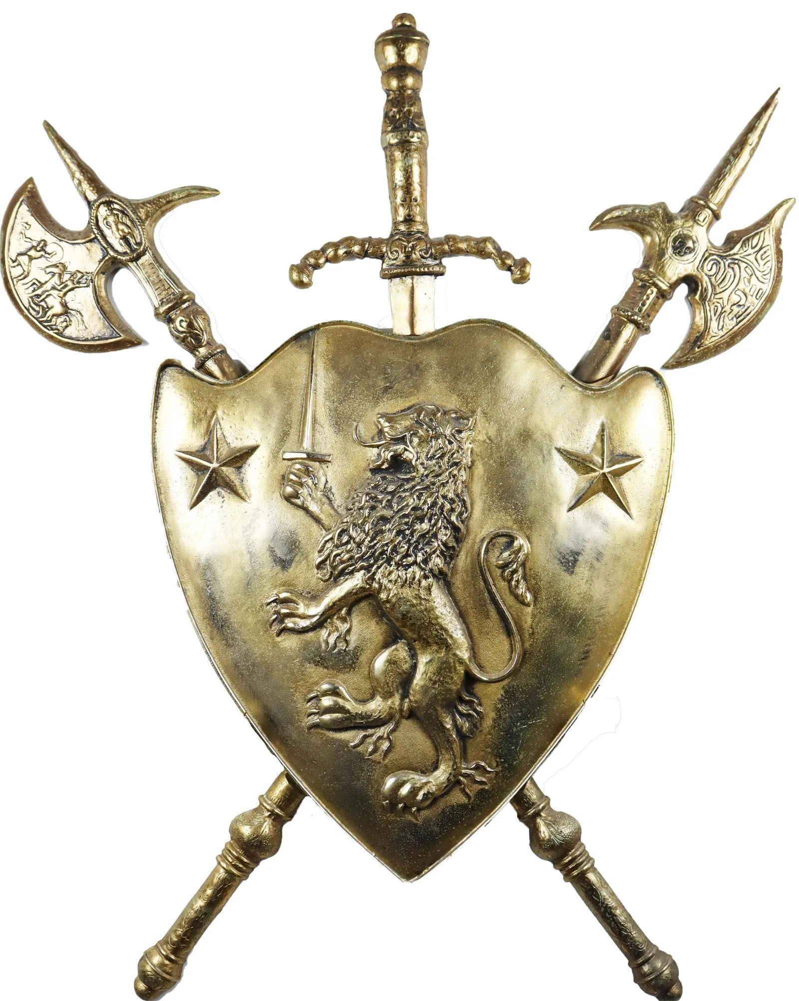 Renaissance Revival Metal Coat of Arms Shield: Renaissance Revival mixed metal coat of arms shield featuring a standing lion with three weapons displayed. Size: 34 x 27 in.