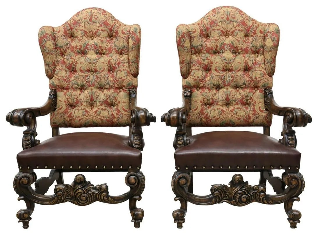 (2) OVERSIZED BAROQUE STYLE WINGBACK ARMCHAIRS - 2