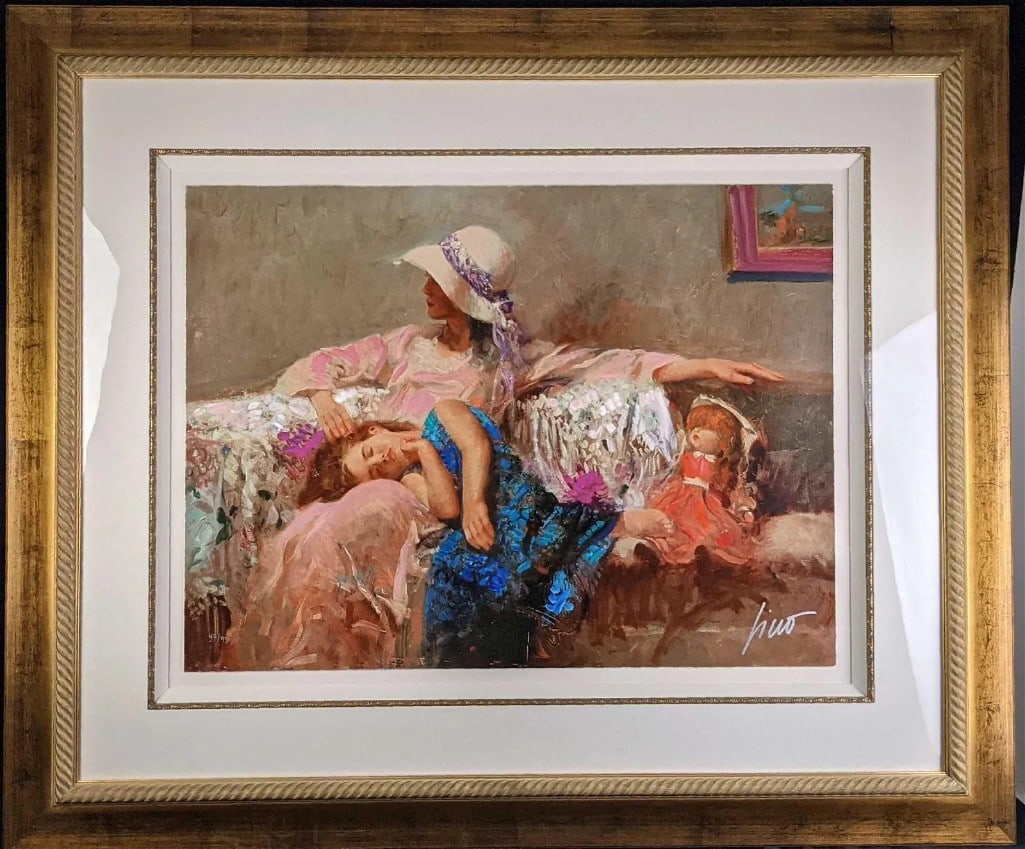 Pino Daeni (1931-2010), "Restful Afternoon" Artist Embellished Limited Edition - Framed: Limited edition print of Pino Daeni's "Restful Afternoon". This one is #47 out of #95. The framed print is approx 49" x 3" x 41 1/2" and weighs 31lbs. The print is approx 30" x 25". The artist signed 