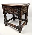 Small Gothic Oak Lift Top Stool Bench. Carved details.: Small Gothic Oak Lift Top Stool Bench. Carved details.-- Dimensions: H: 17.25 inches: W: 17.25 inches: D: 13 inches