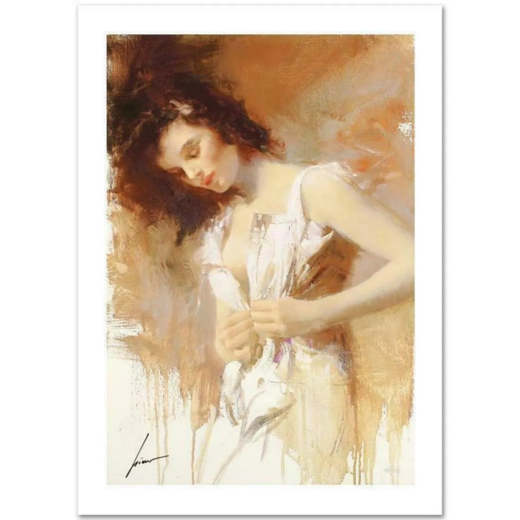 Pino Daeni (1939-2010), "White Camisole" Limited Edition: White Camisole" is a limited edition giclee on paper by Pino (1939-2010). The piece comes numbered and is hand signed by the artist. Includes Certificate of Authenticity. Measures approxiamtely 22 x