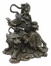 CHINESE BRONZE ZHAO GONG MING WEALTH DIETY STATUE: Chinese patinated bronze sculpture, Zhao Gong Ming (God of Wealth), bearded man, in Imperial dragon robes, holding a sword and food offering bowl, seated on a tiger, stylized scroll cloud base, approx