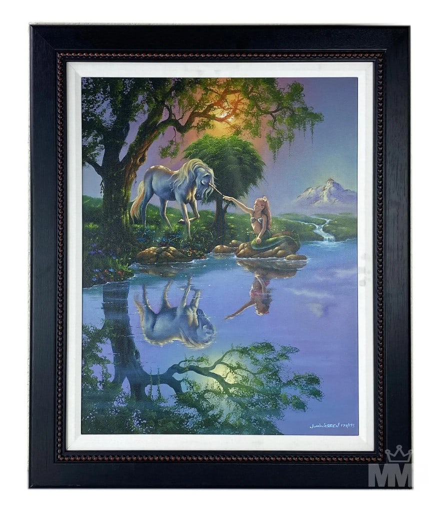 Jim Warren b.1949 "Magical Realism" LE Giclee - Framed: Jim Warren (American, born 1949). Magical Realism fantasy giclee on canvas. Depicts young mermaid girl with a unicorn by the water. Signed lower right 179/195. Measures 27 in. x 21 in. Frame measures