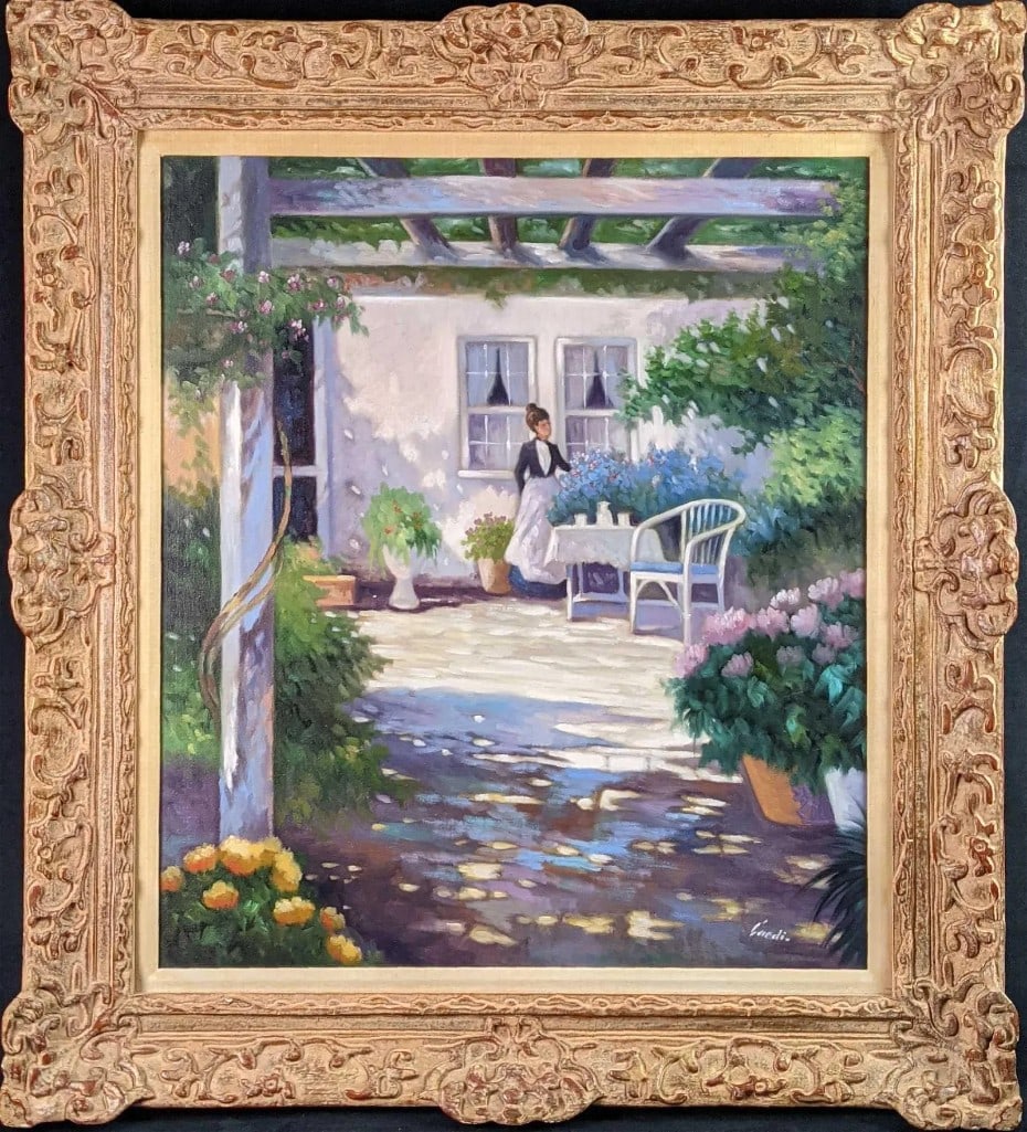 Original Acrylic On Canvas Setting Up For Tea: Here is a lovely scene of a woman setting up a table in a outdoor patio/garden for a bit of tea. Artist has signed the bottom and is marked on the back as No 198. The framed canvas is approx 37" x 3" 