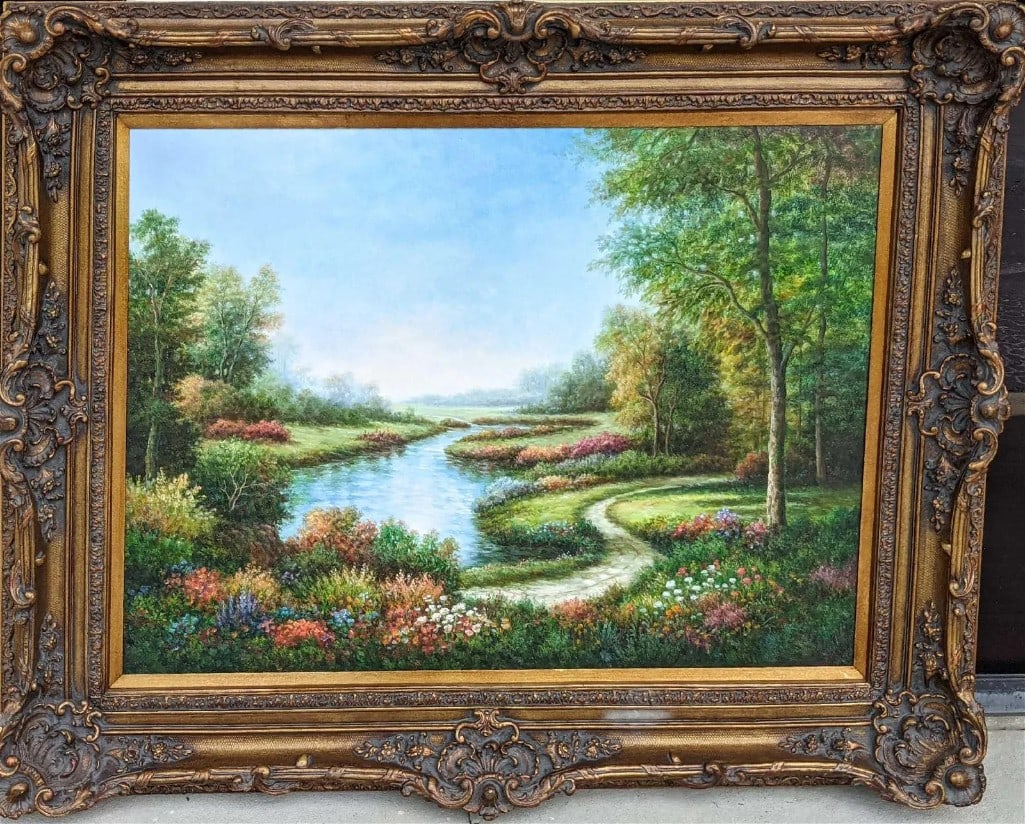 Large Original Oil On Canvas Flowers Pond Scenery: Here is a rather large framed oil on canvas of a lovely little pond surrounded by flowers and trees. The artist signed on the bottom right. The framed original is approx 62 3/4" x 5" x 51" and weighs