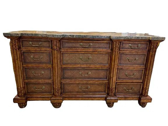 VTG MAITLAND SMITH SIDE BOARD DRESSER /BUFFETT 70": VINTAGE MAITLAND SMITH SIDE BOARD DRESSER / BUFFETT WITH MARBLE TOP | COLLECTIBLE HOME DECOR LIVING ROOM DINING ROOM BEDROOM DECOR FURNITURE TRADITIONAL COASTAL MODERN -37.5"X 22" X 70" APPROX-VERY GO