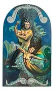Gardani 20C. Poseidon Mermaid Allegorical Painting: Gardani (Ecuadorian American, 20th Century). Original acrylic painting on canvas. A figural composition with mythological Greco Roman Triton or Poseidon with mermaid figure. Arched top. Signed in the