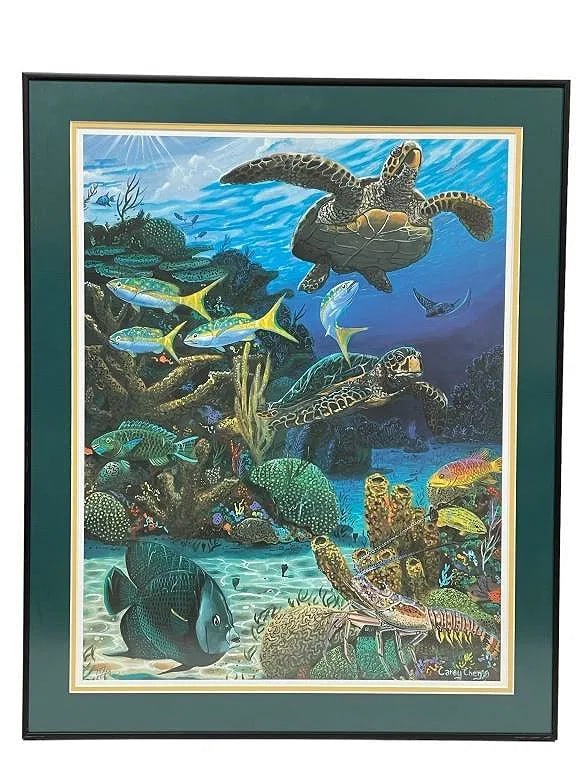 CAREY CHEN HAND SIGNED SEA LIFE PRINT 29.5": CAREY CHEN HAND SIGNED AND NUMBERED SEA LIFE PRINT | JUPITER FLORIDA COASTAL MODERN ART-SIGNED AND NUMBERED 15 / 500-29.5" X 23" APPROX TO FRAME-GOOD PRE OWNED CONDITION