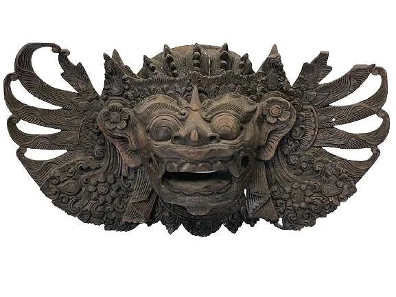 VINTAGE BALI BARONG CARVED MAHOGANY WOOD MASK: VINTAGE SINGARAJA NORTH BALI BARONG CARVED MAHOGANY WOOD MASK 8" X 15" X 4" DIAMETER APPROXIMATE-VERY GOOD CONDITION