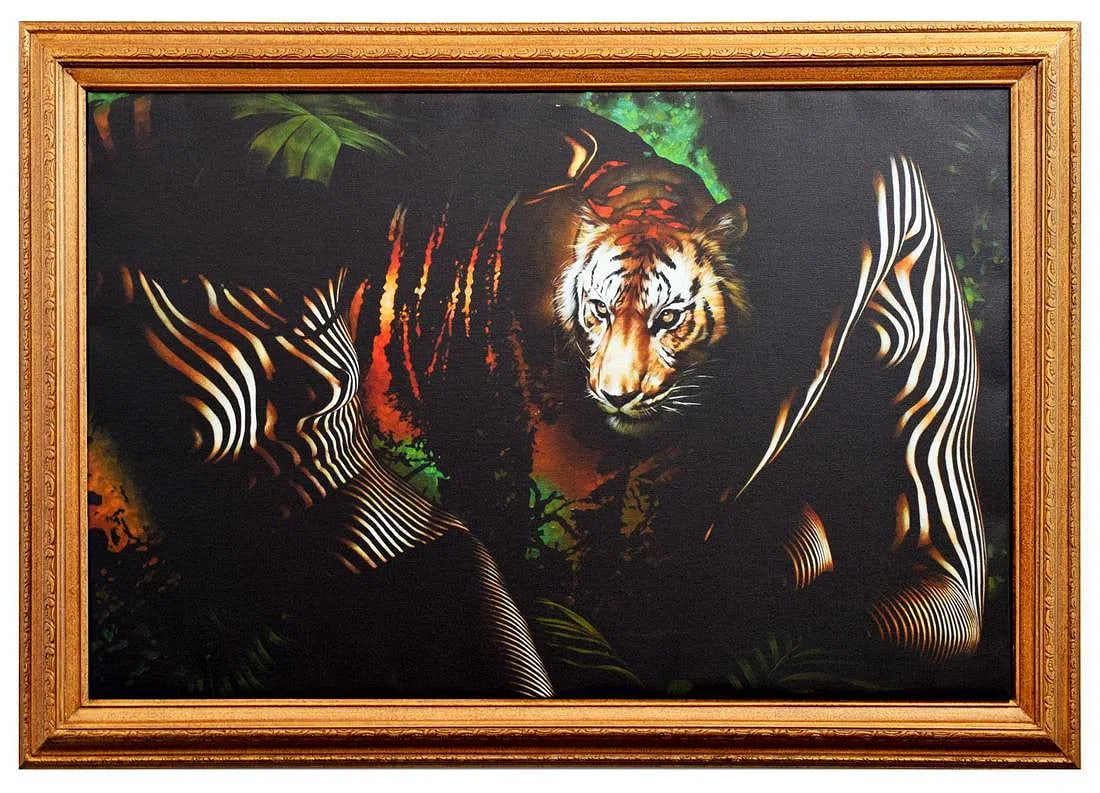 Vera V. Goncharenko- Original Giclee on Canvas: Vera V. Goncharenko. Medium: Original Giclee on Canvas. Title: The Ladies with the Tiger. Size (Unframed): 24" x 36". Size (Framed): 27" x 39". Certificate of Authenticity: From the publisher.
