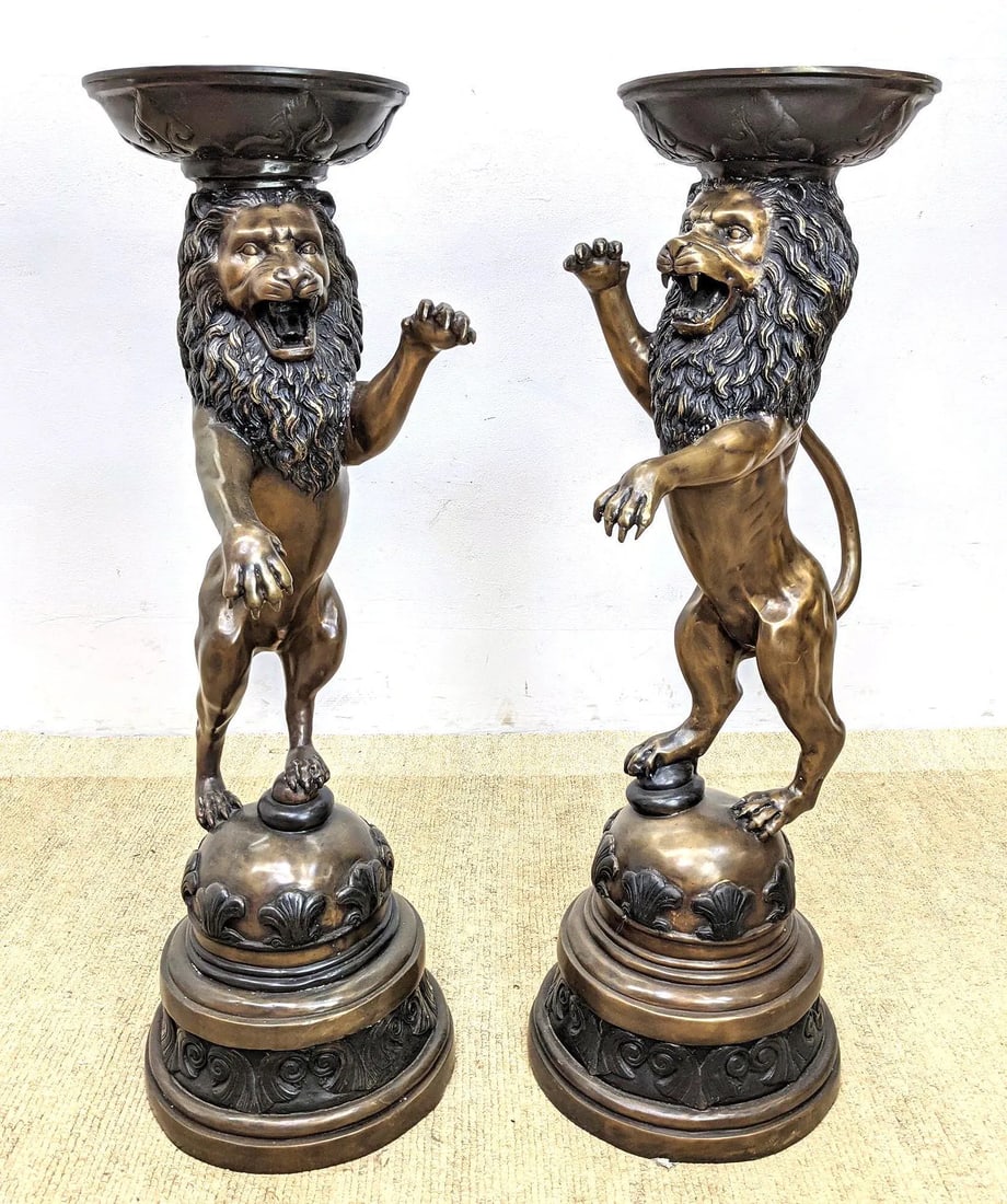Pair Tall Bronze Lion Form Pedestal Stands. (1 of 12)