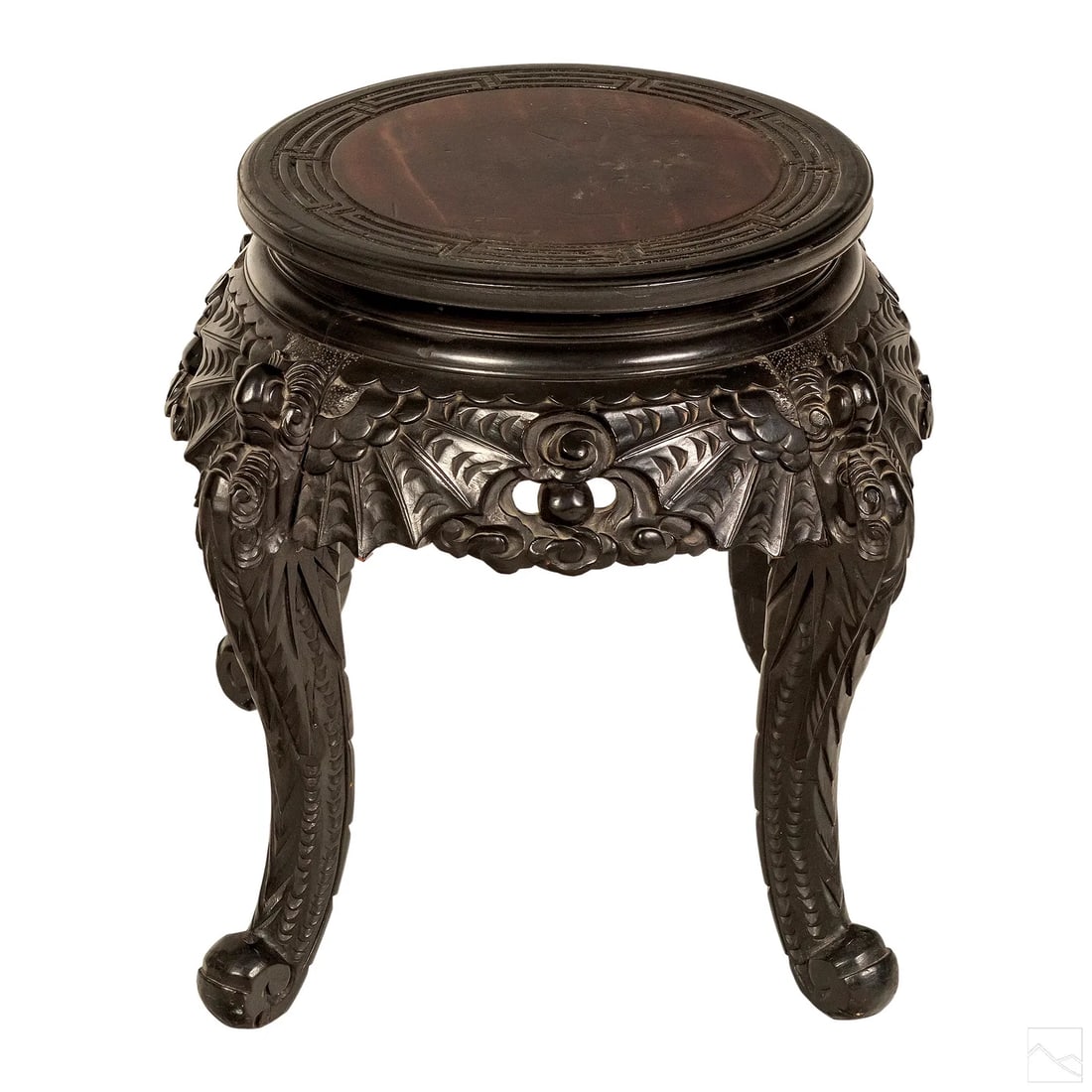 Chinese Carved Dark Hardwood Dragon Pedestal Stand: Antique Chinese carved wood pedestal stand. Features dark hard wood body with dragon and cloud carved motifs. Good overall condition with normal age wear. Measures approximately 17 1/2 in. x 17 in.