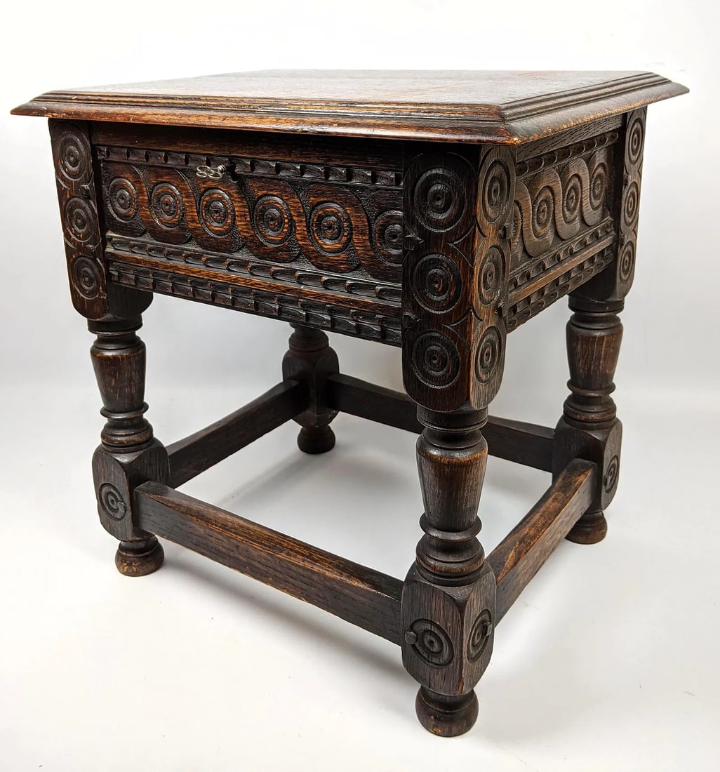 Small Gothic Oak Lift Top Stool Bench. Carved details. (1 of 10)