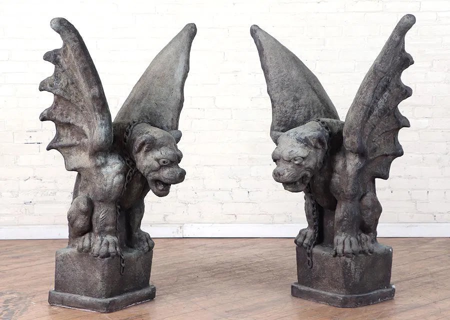 LARGE PAIR CAST STONE WINGED GARGOYLES: Very Good Condition Commensurate with Age and Wear