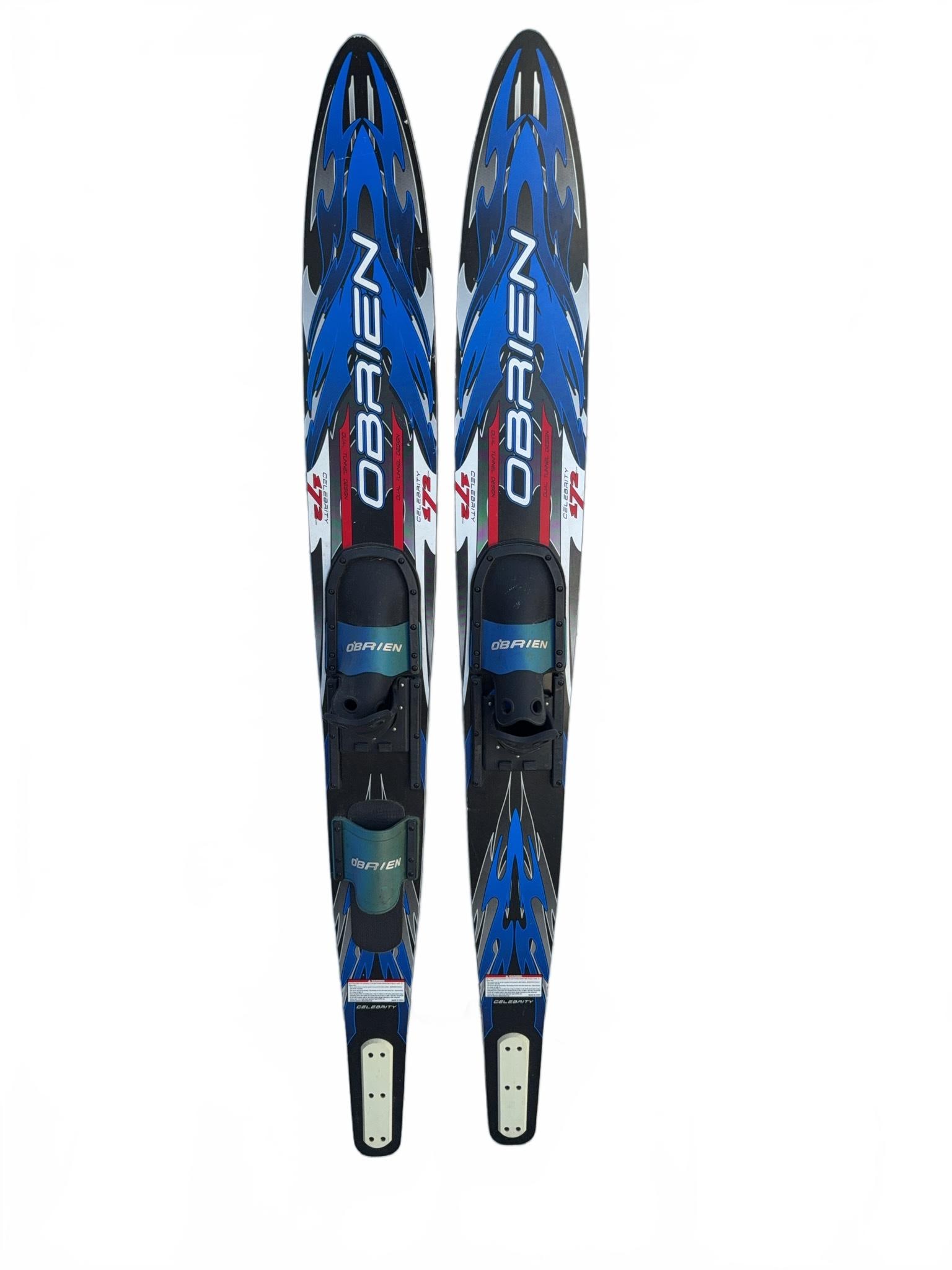 O'Brien Celebrity 172 Water Skis Pair: O'Brien Celebrity 172 water skis featuring a dual tunnel design. Both skis include adjustable bindings and are constructed for durable performance. Made in China. Graphics and bindings show light