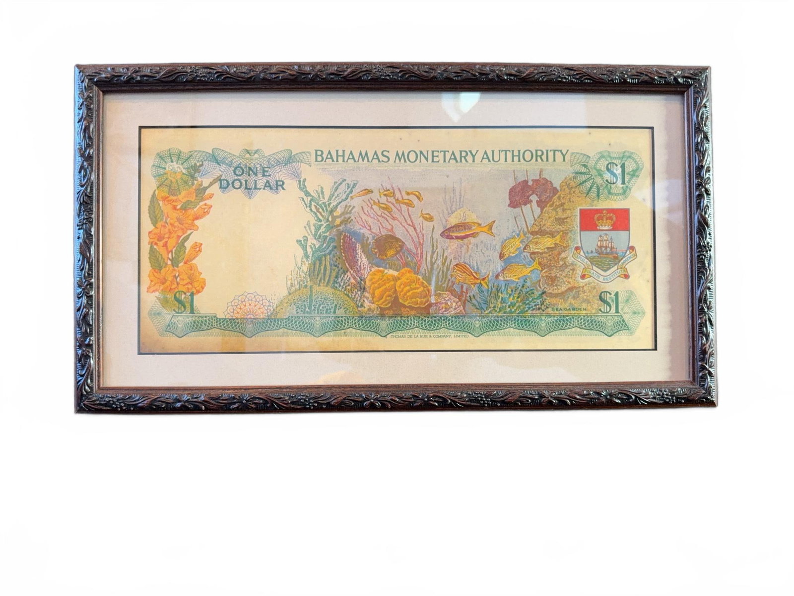 Framed Bahamas Monetary Authority $1 Note: Framed display of a Bahamas Monetary Authority $1 banknote. The note features colorful marine life and the Bahamas coat of arms. Set in an ornate dark wooden frame behind glass, this is a decorative p