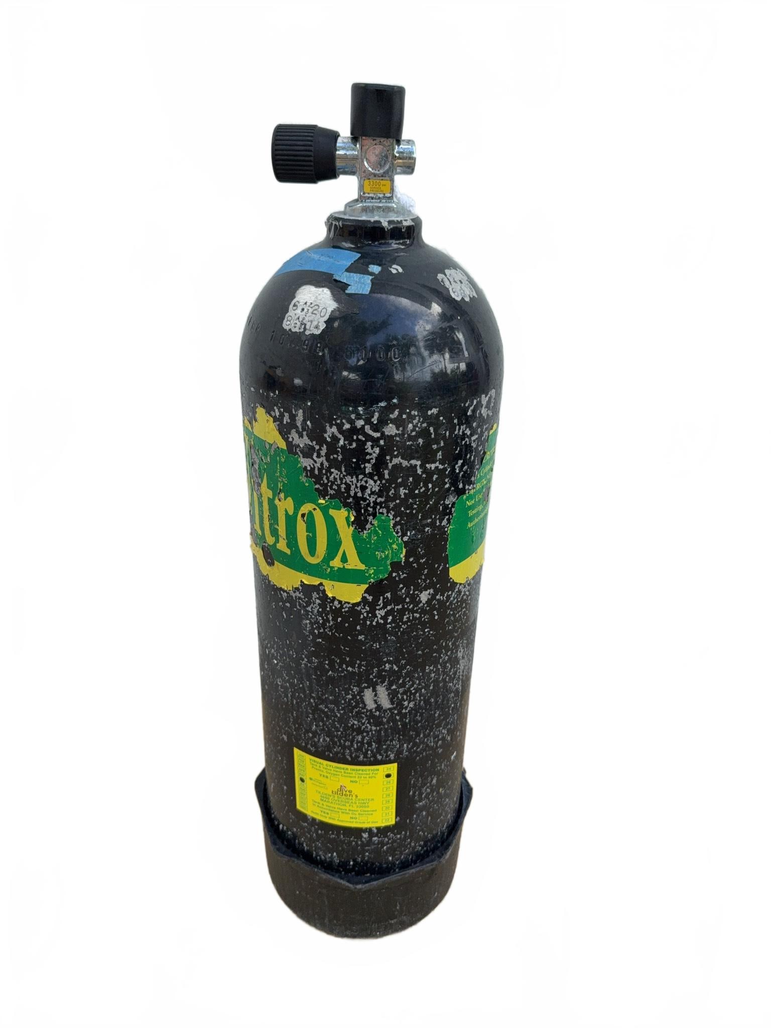 Scuba Diving Aluminum 100 CF Tank, 3300 PSI, Nitrox 2 of 2: Black Nitrox 100 CF scuba cylinder with a valve rated for 3300 psi. Previous inspection sticker from Tilden's Scuba Center indicates visual inspection and approval for enriched air 6/2025. Last hydro 