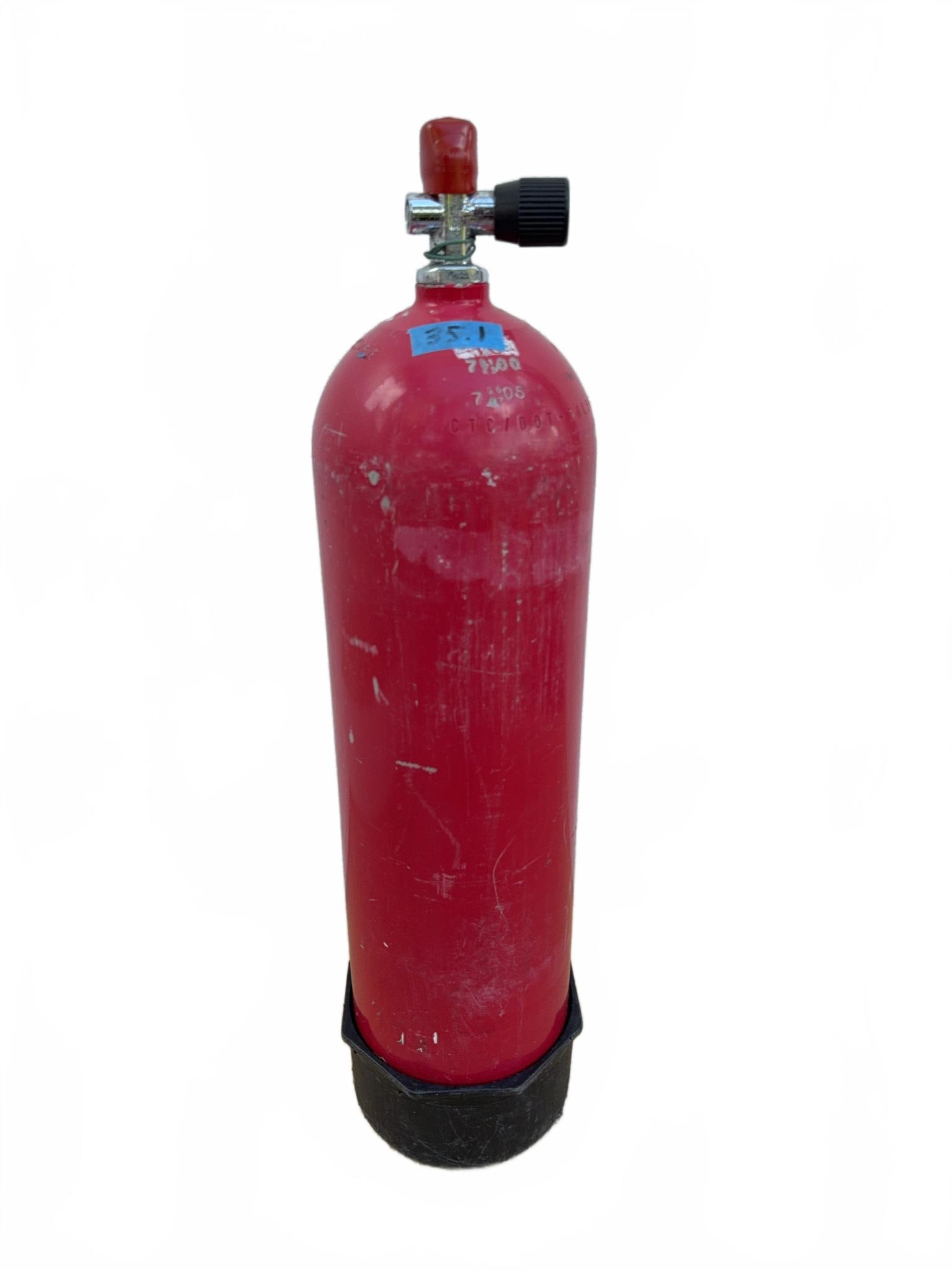 Aluminum 80 Red Scuba Tank with Valve 1 of 2: Aluminum 80 Scuba Tank with attached valve and protective boot. Exterior paint shows wear and scuffs consistent with use. Sticker indicates prior visual inspection performed at Tilden's Scuba Center 7