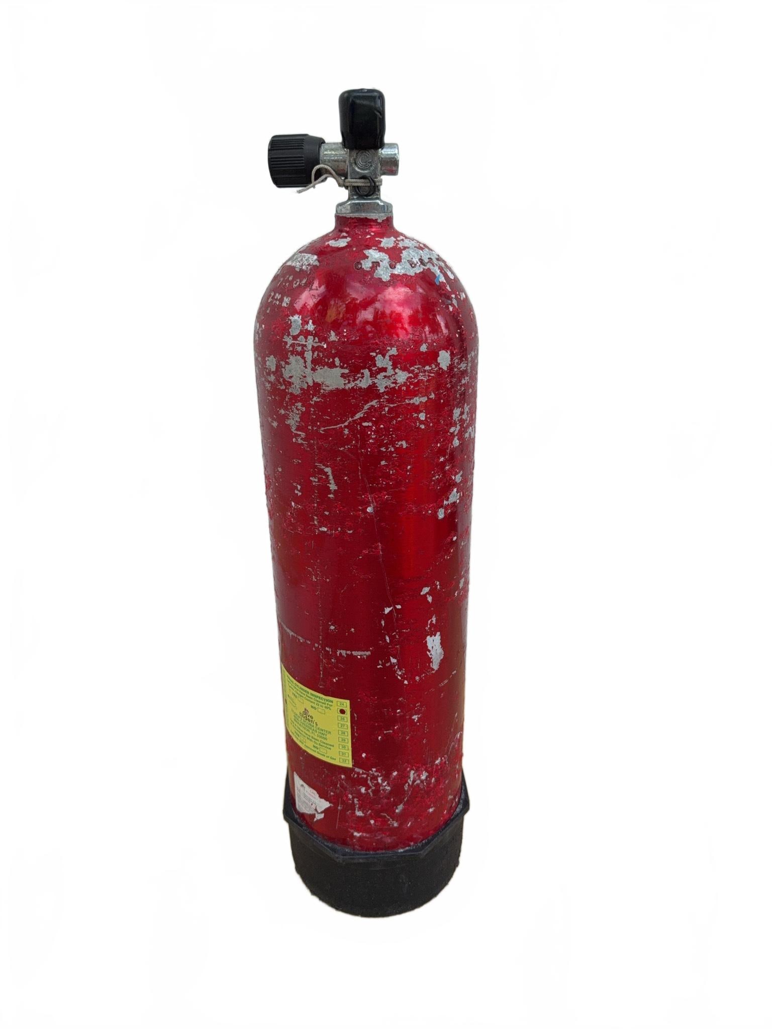Aluminum 80 CF Red Scuba Tank with Valve 2 of 2: Aluminum 80 Scuba Tank with attached valve and protective boot. Exterior paint shows wear and scuffs consistent with use. Sticker indicates prior visual inspection performed at Tilden's Scuba Center 7