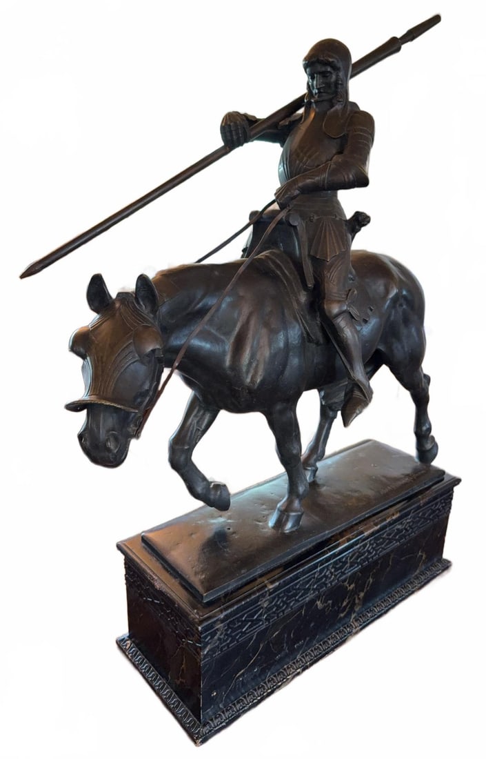 Large Bronze Sculpture of Knight on Horseback by Albert Hinrich Hussmann: This is a large bronze sculpture by Albert Hinrich Hussmann, depicting a knight in armor on horseback with a lance. The detailed casting includes both the horse and rider in full medieval attire. The 