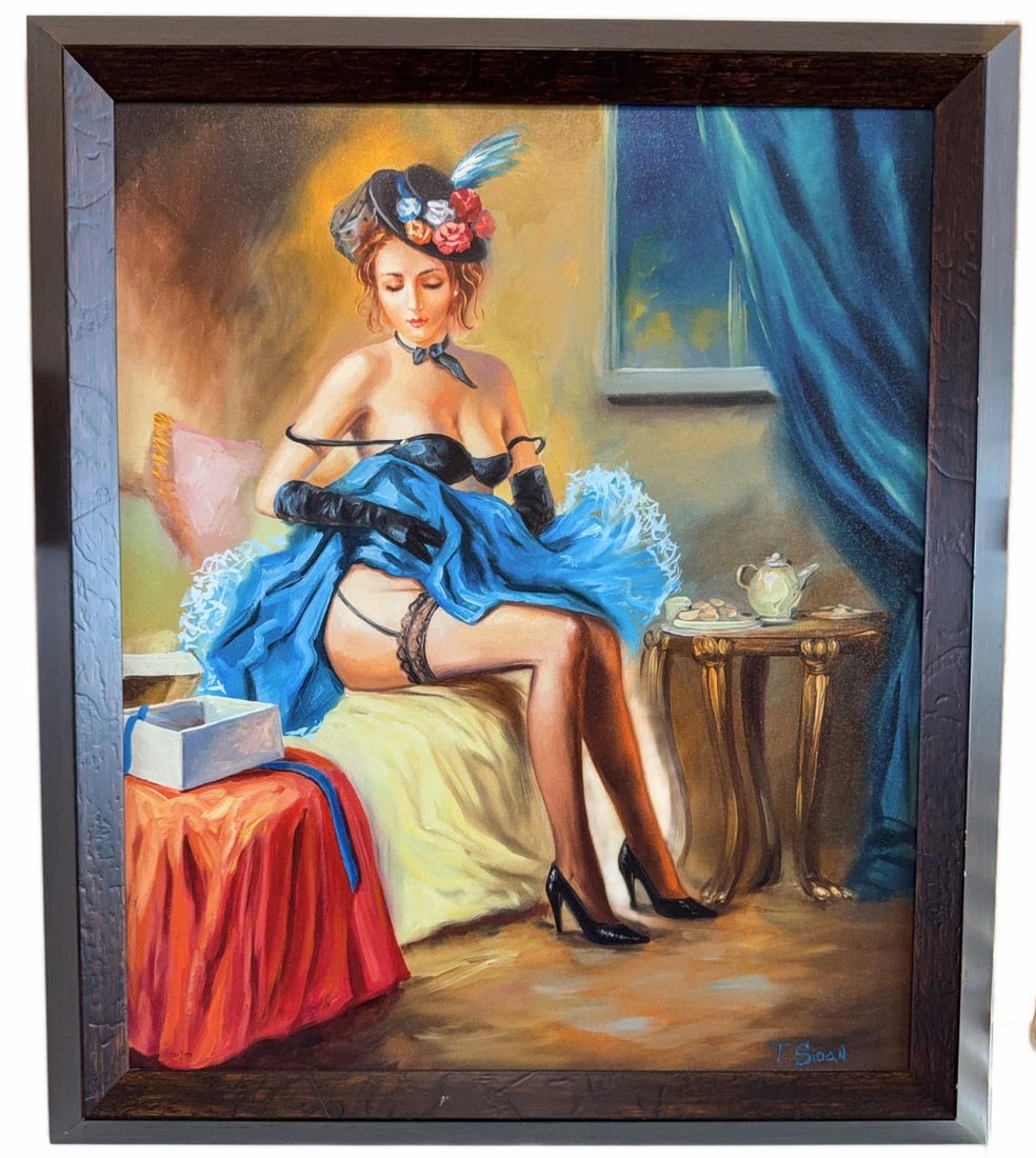T. Sidan "Alone" Hand Signed Giclee on Canvas: T. Sidan "Alone" Hand Signed Giclee on Canvas. Painting by T. Sidan, depicting a woman in lingerie seated on a bed, with a table set for tea beside her. Framed Signed by the artist in the lower right 