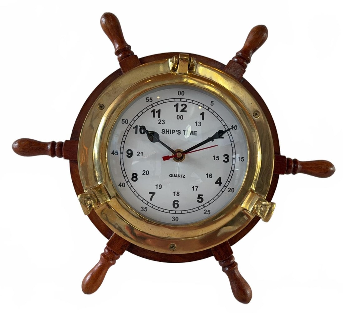 Ship's Time Quartz Wall Clock with Wood and Brass (1 of 9)