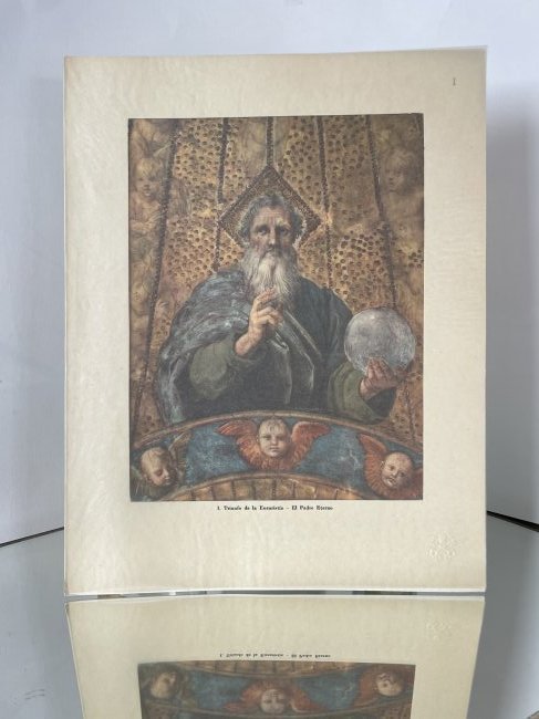 I: The Triumph of the Eucharist - The Eternal Father: Vatican: Polyglot Vatican Press, 1950. Printed by Pope Pius XII ( Eugenio Pacelli). Elephant folio loose plate. Original natural linen portfolio embossed with the Vatican arms. Title page in red and b