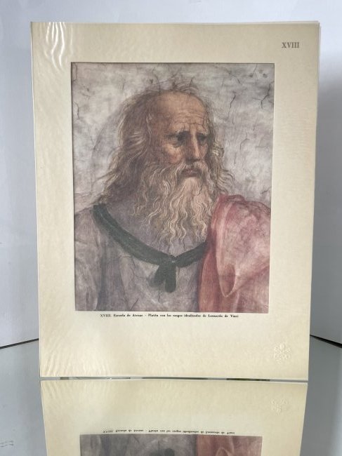 XVIII : Plato with the idealised features of Leonardo da Vinci: The School of Athens: Vatican: Polyglot Vatican Press, 1950. Printed by Pope Pius XII ( Eugenio Pacelli). Elephant folio loose plate. Original natural linen portfolio embossed with the Vatican arms. Title page in red and b