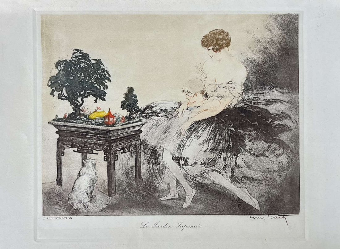 Art Deco Lithography Louis Icart "The Japanese Garden", Paris,1930.: Smiling ballerina and her daughter look at a model of a Japanese garden. An authentic lithograph by Louis Icart(1888-1950) - french artist, painter, graphic and illustrator. Icart's depictions of wome