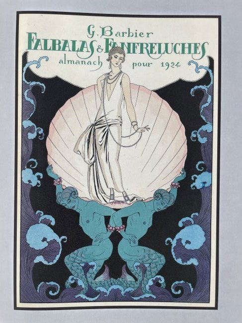 GEORGE BARBIER (1882-1932) Art Deco fashion illustrator.: This is a cover of the Almanac "Falbalas and Fanfreluches", 1924. Georges Augustin Barbier was one of the great French illustrators of the early 20th century. 29 years old he mounted his first exhibit